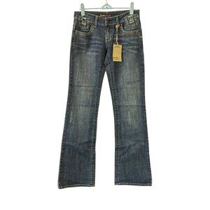 Machine Blue Jeans Bootcut Mid Rise Juniors Size 1 Embellished Pockets New